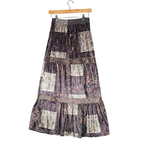 Velvet Patchwork Maxi Skirt | Boho Gypsy Vintage Style Tiered Long Skirt | Small - Picture 12 of 13